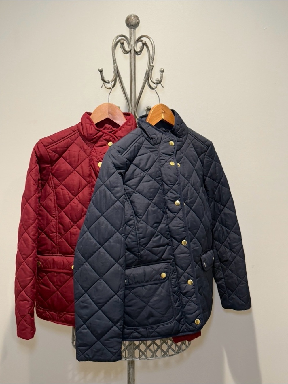 BUNDLE OF 2: J. Crew Quilted Wine Red & Navy Blue Puffer Jackets with Gold Snaps